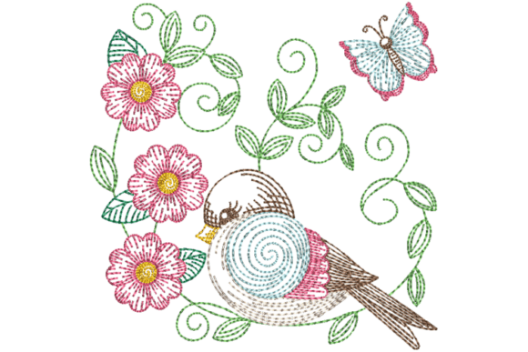 Download Spring Bird and Flowers Embroidery File - Flowers Collection